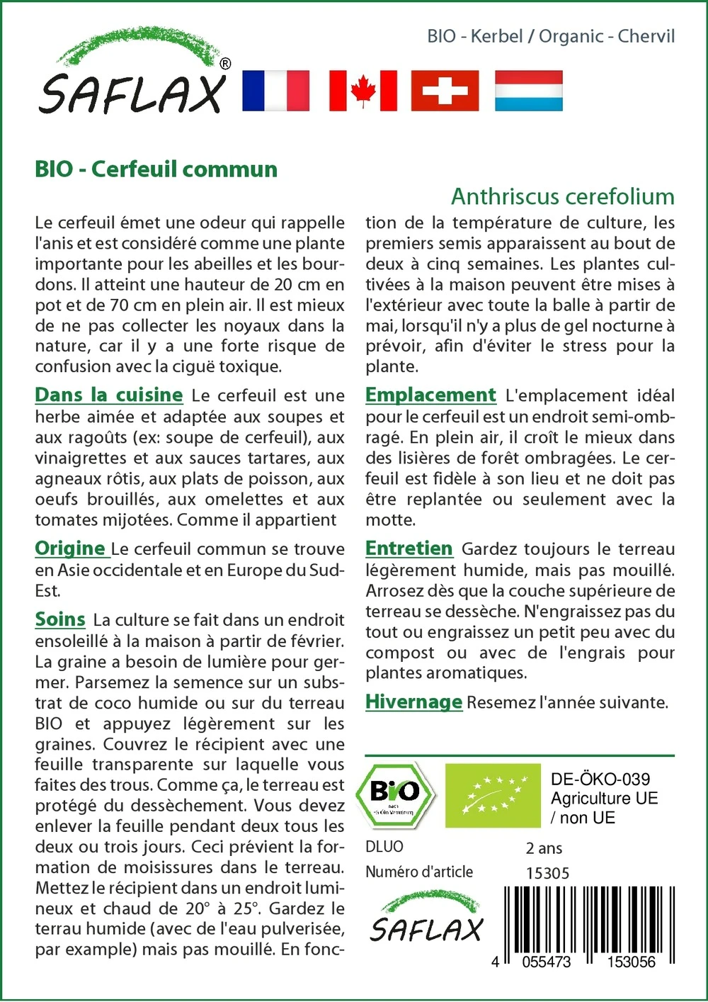 Kit De Culture - Bio - Cerfeuil Commun - 800 Graines - Anthriscus Cerefolium 3 Kit De Culture - Bio - Cerfeuil Commun - 800 Graines - Anthriscus Cerefolium – Image 3